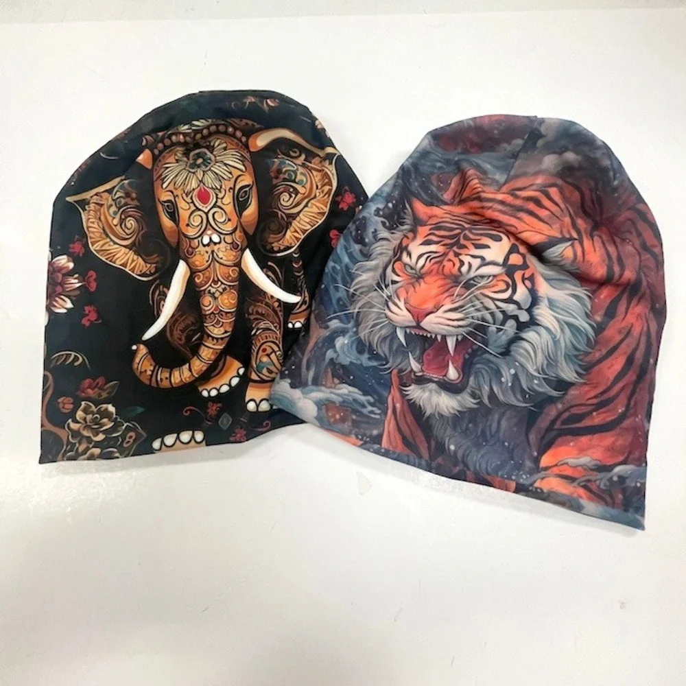 2 Boho Beanies Asian Elephant & Pouncing Tiger Winter Hat Soft & Warm One‎ Size